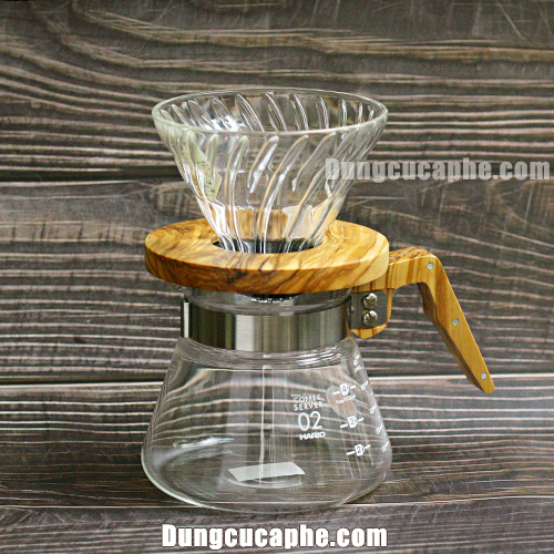 Bộ dụng cụ pha cà phê Pour Over Hario V60 Nhật Bản gồm bình đựng và phễu lọc gỗ ô liu 02