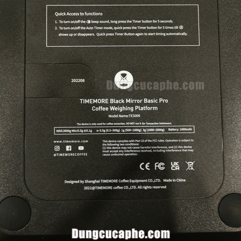 Mặt sau ghi thông tin đầy đủ của cân Timemore Basic Pro 2023